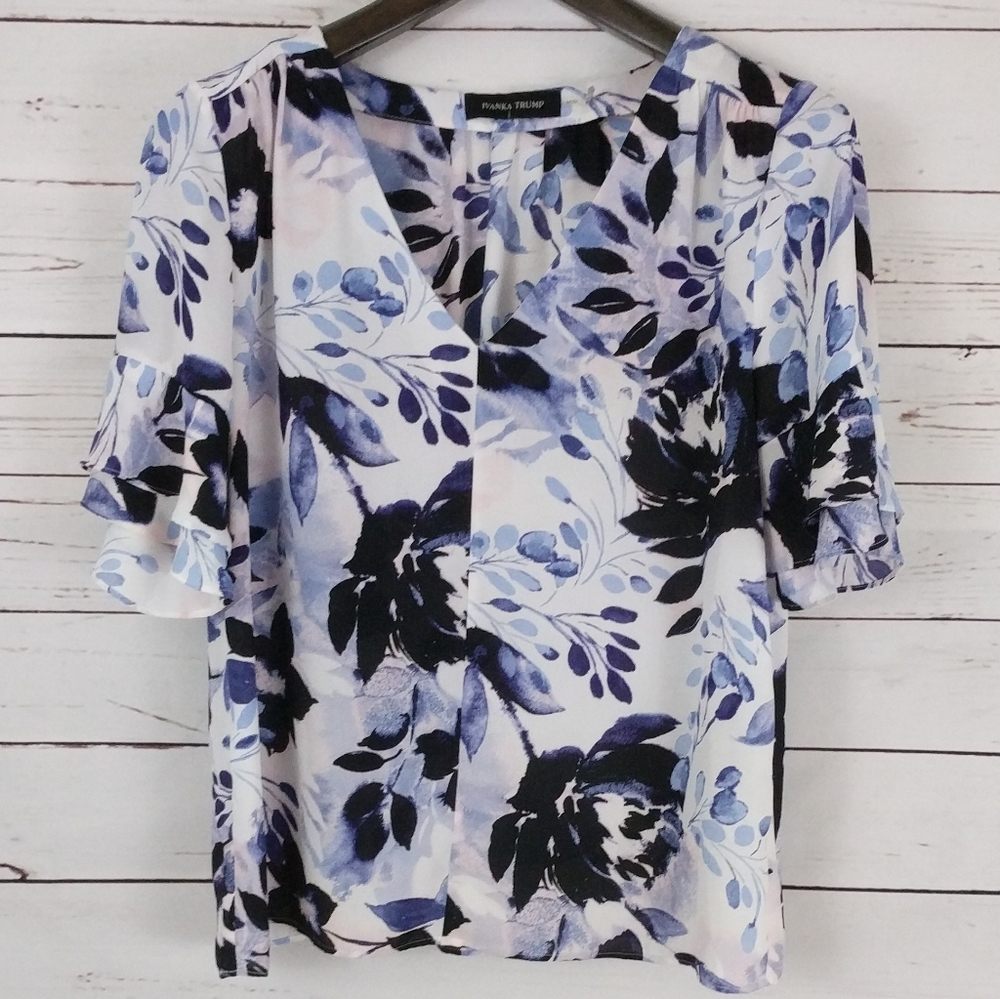 Ivanka Trump Blue Floral V Neck Med